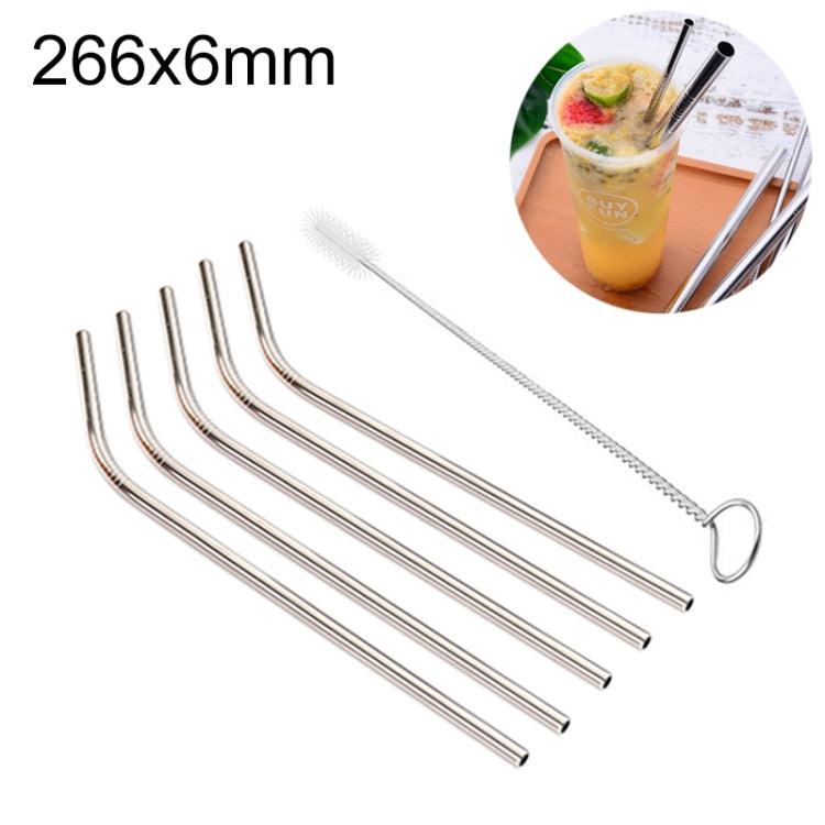 5pcs Reusable Stainless Steel Bent Drinking Straw + Cleaner Brush Set Kit, 266*6mm, 266*6mm (Bent)