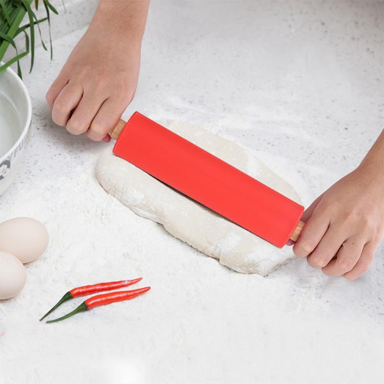 kn055 Solid Wooden Handle Silicone Rolling Pin Non-stick Food Dumpling Stick, Length: 38cm, Random Color Delivery, 38cm