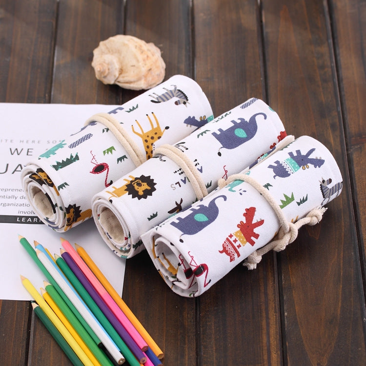 72 Slots Cartoon Animal Print Pen Bag Canvas Pencil Wrap Curtain Roll Up Pencil Case Stationery Pouch, 72 Slots