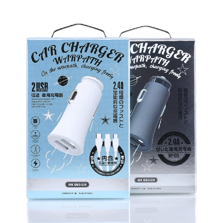 شاحن سيارة مزدوج USB من WK WP-C13 بقوة 2.4 أمبير مع كابل بيانات USB إلى 8 دبابيس / Micro USB / Type-C، WP-C13 مع كابل (أسود)، WP-C13 مع كابل (أبيض)