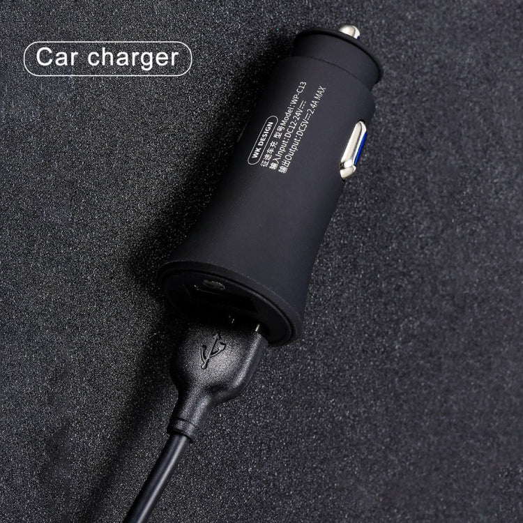 شاحن سيارة مزدوج USB من WK WP-C13 بقوة 2.4 أمبير مع كابل بيانات USB إلى 8 دبابيس / Micro USB / Type-C، WP-C13 مع كابل (أسود)، WP-C13 مع كابل (أبيض)