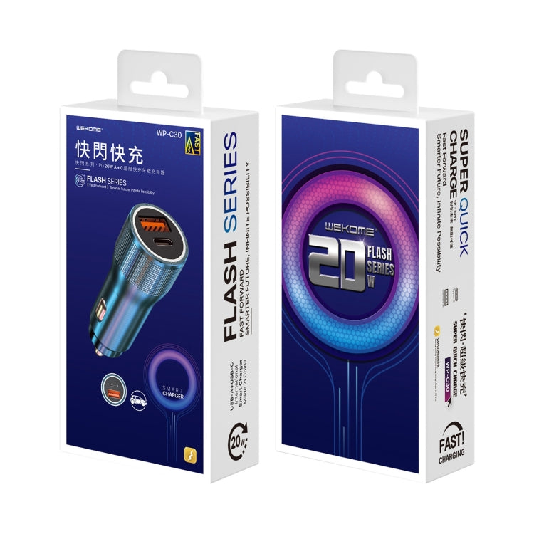 شاحن سيارة سريع WK WP-C30 بقوة 20 واط، بمنفذ USB + PD، وواجهة UB-C / Type-C، وسلسلة Flash، WP-C30 (أزرق)، WP-C30 (فضي)