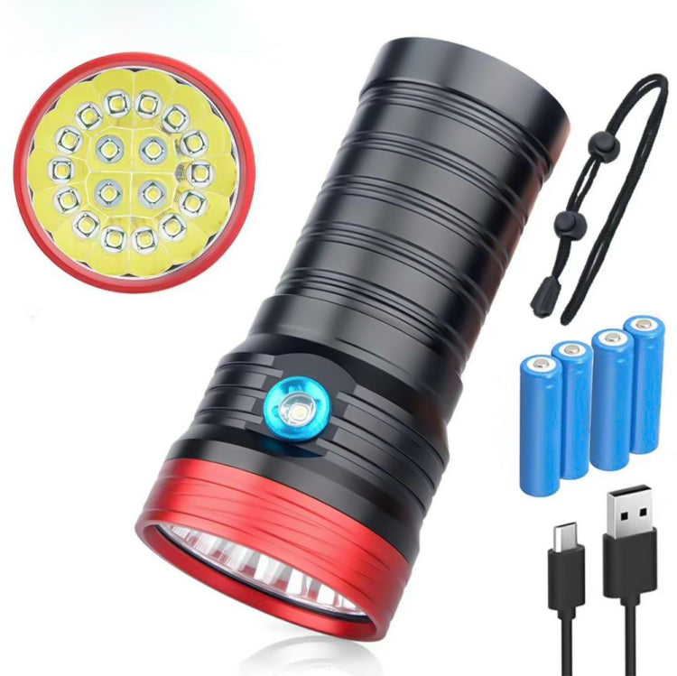 3 تروس، DB18 18xT6، تدفق ضوئي: مصباح يدوي LED بقوة 5400 لومن، مع 4 بطاريات 18650