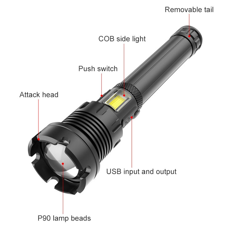 مصباح يدوي P90 + COB LED طويل الطراز مقاوم للماء للاستخدام الخارجي مع منفذ Micro USB للشحن، يدعم عرض الطاقة والتركيز التلسكوبي وضبط السطوع على 7 مستويات، P90