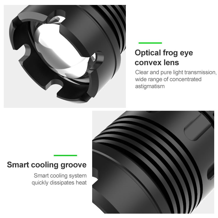مصباح يدوي P90 + COB LED طويل الطراز مقاوم للماء للاستخدام الخارجي مع منفذ Micro USB للشحن، يدعم عرض الطاقة والتركيز التلسكوبي وضبط السطوع على 7 مستويات، P90