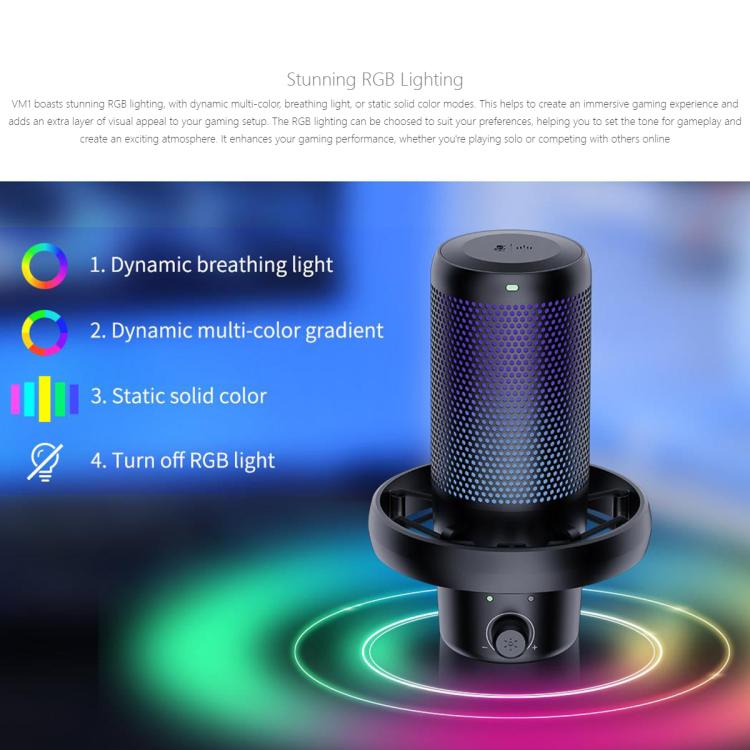 FEELWORLD VM1 USB Condenser Gaming Microphone for Streaming Noise Cancellation Mute RGB Light Desktop Stand