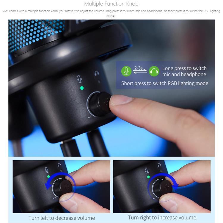FEELWORLD VM1 USB Condenser Gaming Microphone for Streaming Noise Cancellation Mute RGB Light Boom Arm Stand