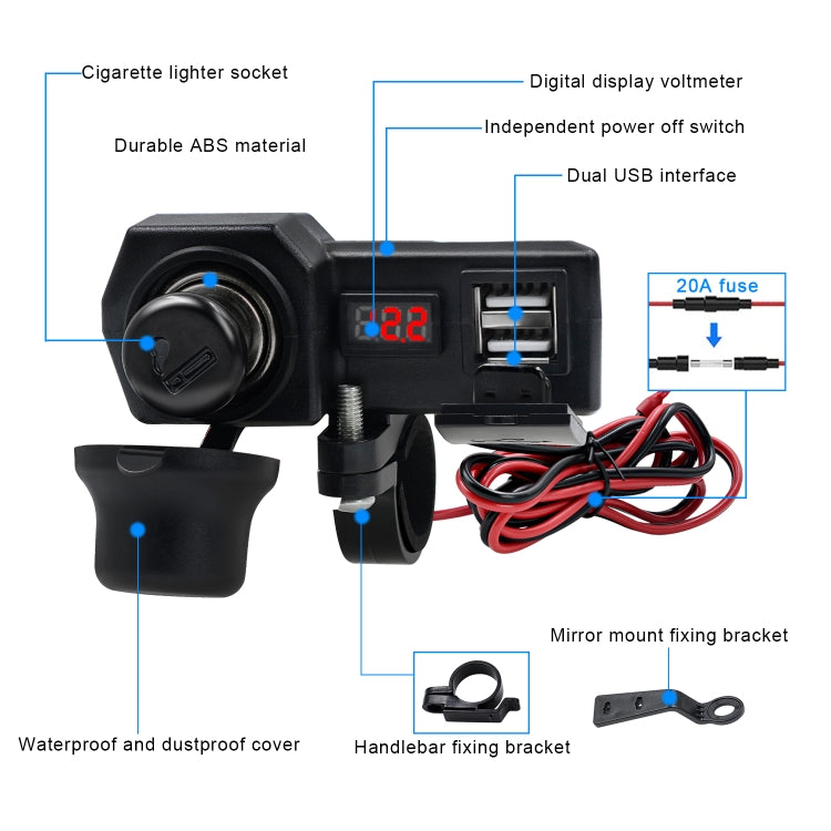 CS-1072B1 Motorcycle Dual USB Charger + Voltmeter with Cigarette Lighter & Cigarette Butts, CS-1072B1