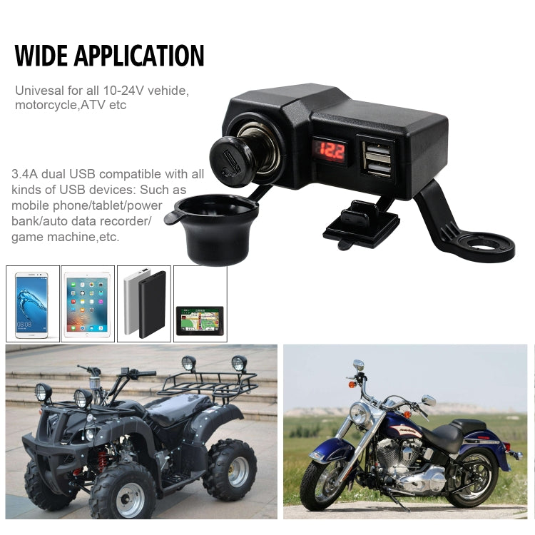 CS-1072B1 Motorcycle Dual USB Charger + Voltmeter with Cigarette Lighter & Cigarette Butts, CS-1072B1
