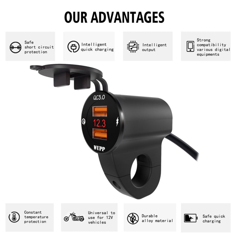 WUPP ZH-975A3 Motorcycle Aluminum Alloy Waterproof Mobile Phone Double QC3.0 Quick Charging Charger with Voltmeter, ZH-975B3, ZH-975A3