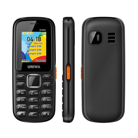 هاتف UNIWA E1808 Elder Keypad، شاشة 1.77 بوصة SC6531E، مصباح LED، 21 مفتاحًا، شبكة 2G، ثلاث شرائح SIM، قابس الاتحاد الأوروبي