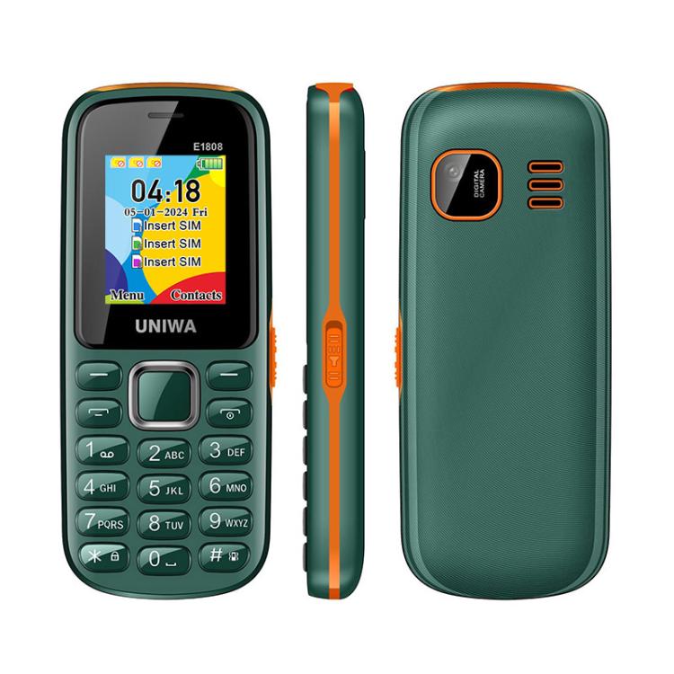 هاتف UNIWA E1808 Elder Keypad، شاشة 1.77 بوصة SC6531E، مصباح LED، 21 مفتاحًا، شبكة 2G، ثلاث شرائح SIM، قابس الاتحاد الأوروبي