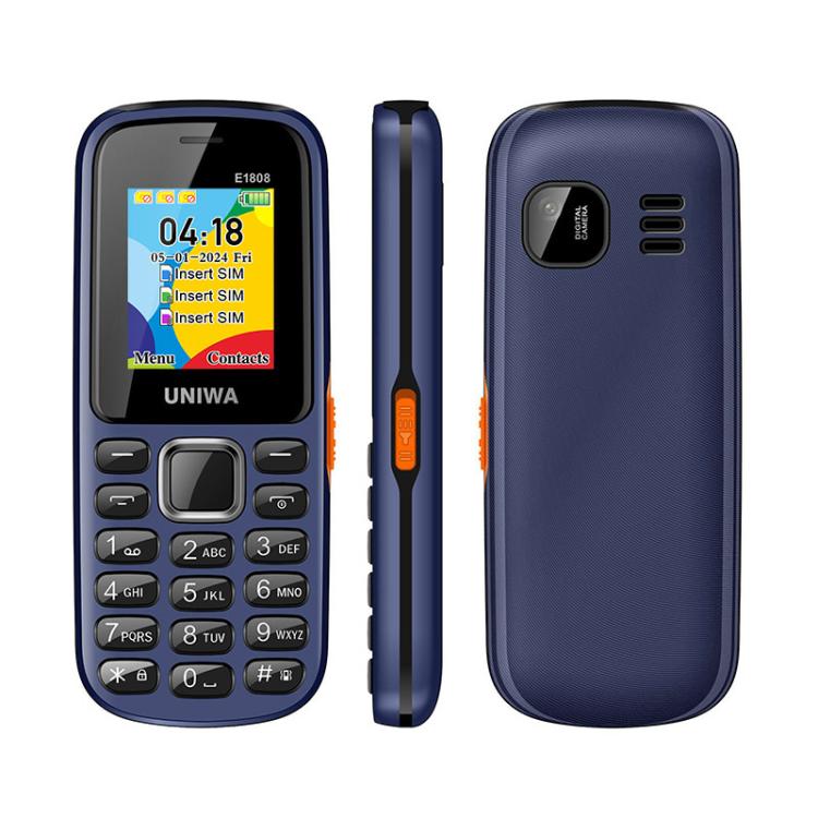 هاتف UNIWA E1808 Elder Keypad، شاشة 1.77 بوصة SC6531E، مصباح LED، 21 مفتاحًا، شبكة 2G، ثلاث شرائح SIM، قابس الاتحاد الأوروبي
