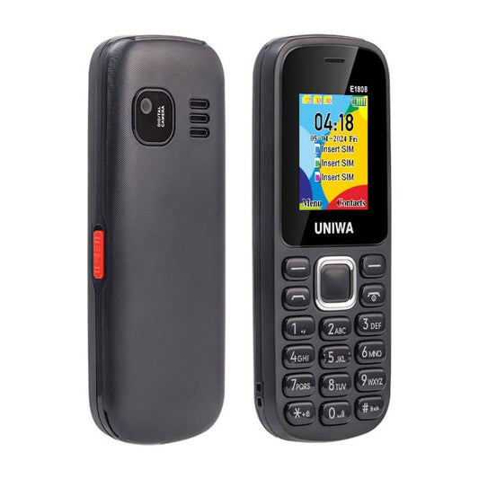 هاتف UNIWA E1808 Elder Keypad، شاشة 1.77 بوصة SC6531E، مصباح LED، 21 مفتاحًا، شبكة 2G، ثلاث شرائح SIM، قابس الاتحاد الأوروبي