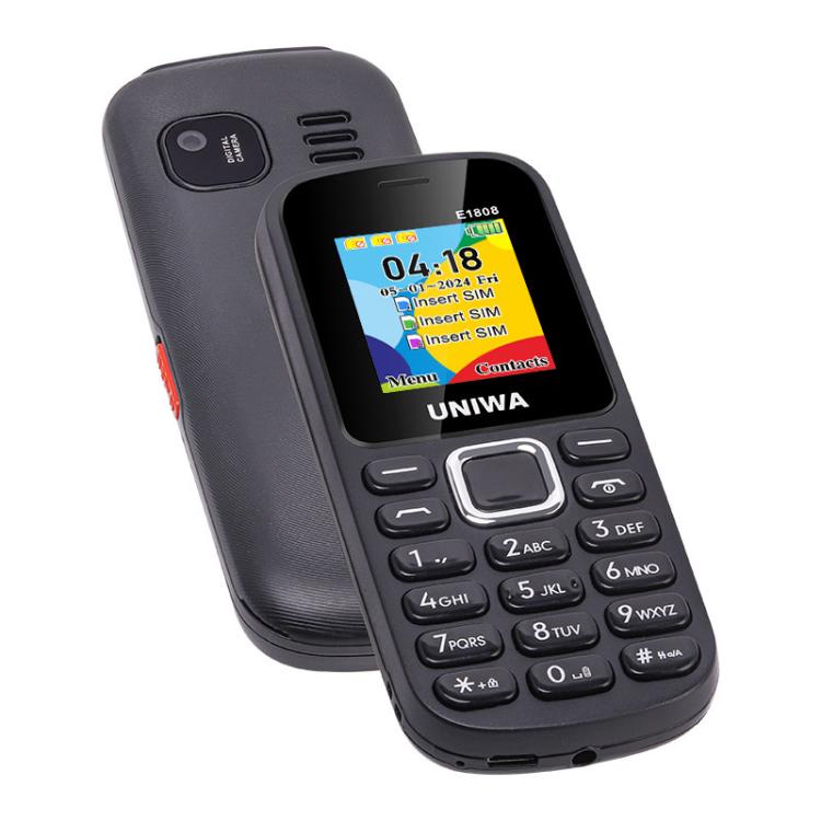 هاتف UNIWA E1808 Elder Keypad، شاشة 1.77 بوصة SC6531E، مصباح LED، 21 مفتاحًا، شبكة 2G، ثلاث شرائح SIM، قابس الاتحاد الأوروبي