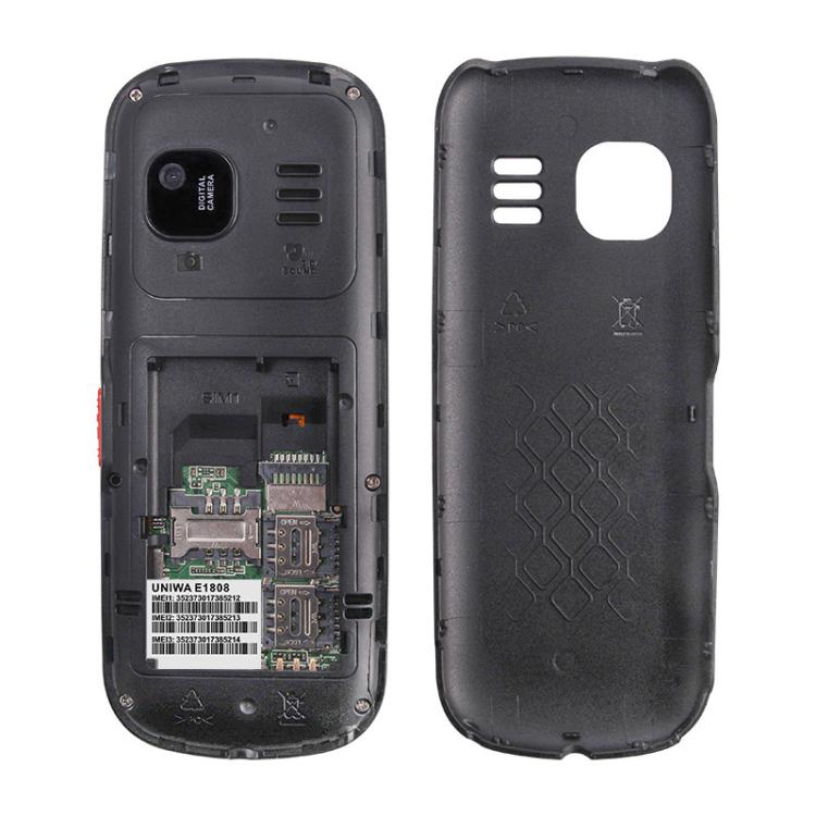 هاتف UNIWA E1808 Elder Keypad، شاشة 1.77 بوصة SC6531E، مصباح LED، 21 مفتاحًا، شبكة 2G، ثلاث شرائح SIM، قابس الاتحاد الأوروبي