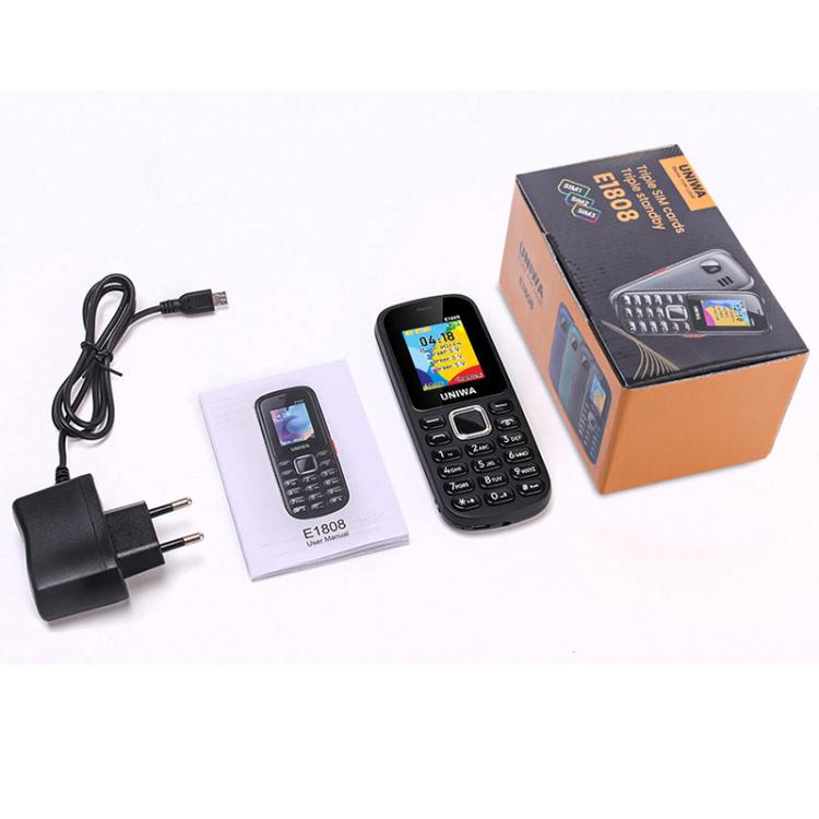 هاتف UNIWA E1808 Elder Keypad، شاشة 1.77 بوصة SC6531E، مصباح LED، 21 مفتاحًا، شبكة 2G، ثلاث شرائح SIM، قابس الاتحاد الأوروبي