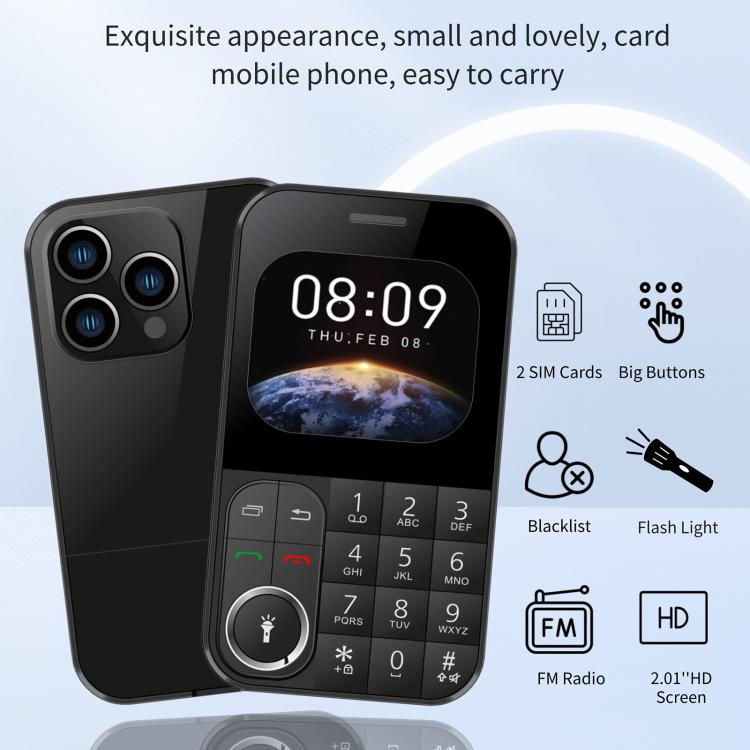 هاتف محمول V9 Card، 2.01 بوصة، MTK6261D، يدعم البلوتوث، FM، مصباح يدوي، GSM، ثنائي الشريحة