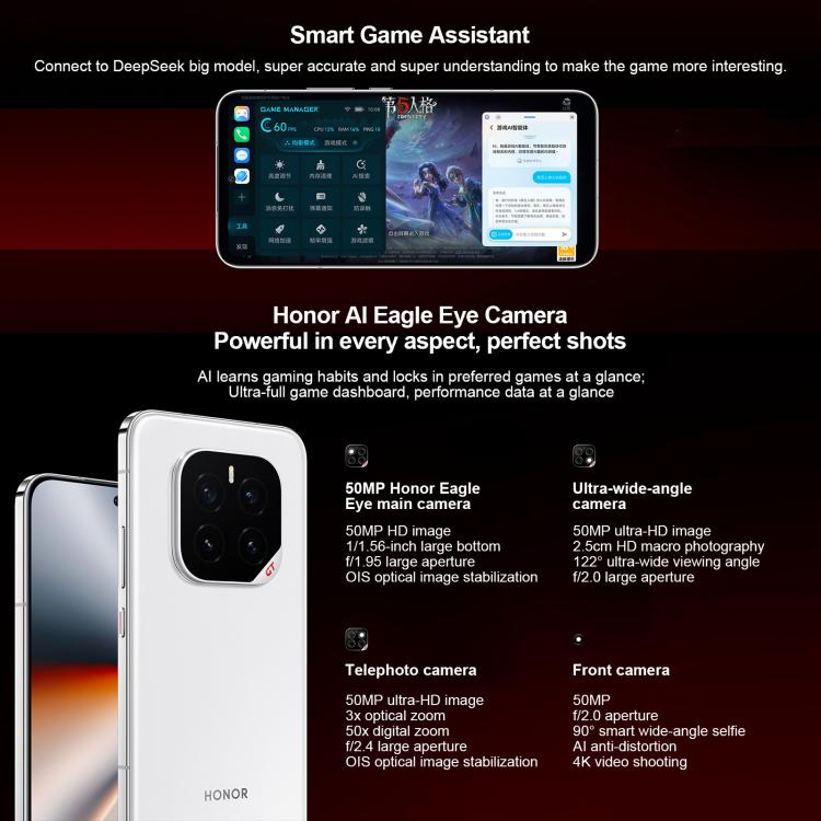 هاتف Honor GT Pro، 16 جيجابايت + 1 تيرابايت، مستشعر بصمة بالموجات فوق الصوتية، شاشة 6.78 بوصة، نظام التشغيل MagicOS 9.0 / أندرويد 15، معالج Snapdragon 8 Elite ثماني النواة، شبكة 5G، NFC، OTG، 16 جيجابايت + 1 تيرابايت