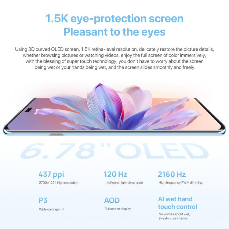 هاتف هواوي إنجوي 70X إصدار فيتاليتي، 8 جيجابايت + 512 جيجابايت، شاشة بصمة الإصبع، 6.78 بوصة، نظام التشغيل هارموني 4.2 ثماني النواة، OTG، لا يدعم جوجل بلاي، 8 جيجابايت + 512 جيجابايت