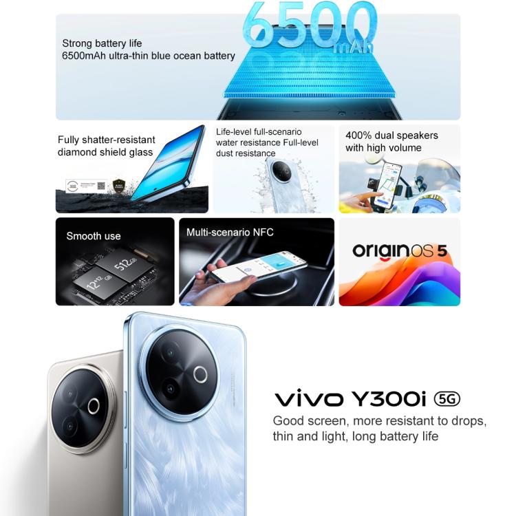 فيفو Y300i، 12 جيجابايت + 256 جيجابايت، معرف الوجه / بصمة الإصبع الجانبية، 6.68 بوصة أندرويد 15 أوريجين أو إس 5 سنابدراجون 4 الجيل الثاني ثماني النواة، OTG، NFC، الشبكة: 5G، 12 جيجابايت + 256 جيجابايت