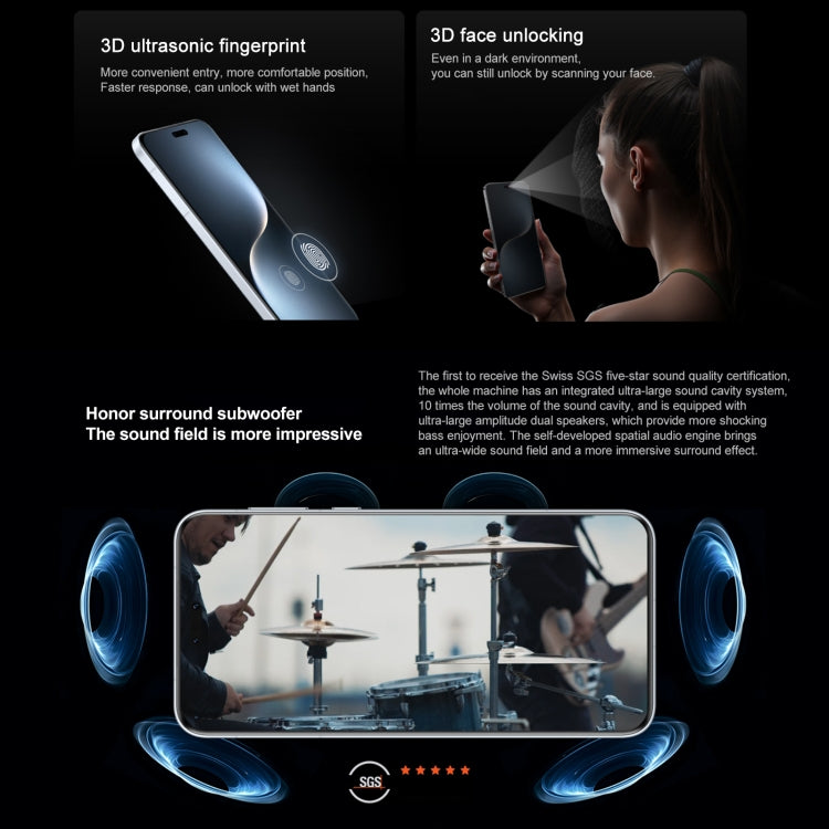 Honor Magic7 Pro، 16 جيجابايت + 512 جيجابايت، شاشة بصمة الإصبع، 6.8 بوصة MagicOS 9.0 / Android 15 Snapdragon 8 Elite 3nm ثماني النواة، الشبكة: 5G، NFC، OTG، لا يدعم Google Play، 16 جيجابايت + 512 جيجابايت