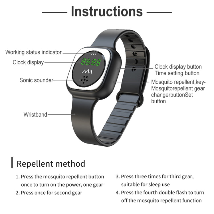 F9 Outdoor Silica Gel Mosquito Repellent Wristband with Clock, F9 (Black), F9 (White)