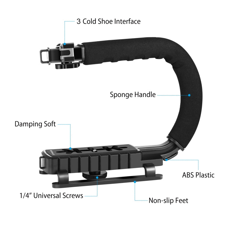 PULUZ U/C Shape Portable Handheld DV Bracket Stabilizer + LED Studio Light Kit with Cold Shoe Tripod Head for All SLR Cameras and Home DV Camera