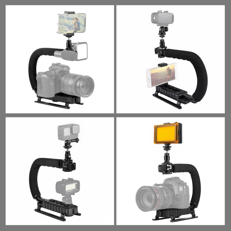 PULUZ U/C Shape Portable Handheld DV Bracket Stabilizer + LED Studio Light Kit with Cold Shoe Tripod Head for All SLR Cameras and Home DV Camera