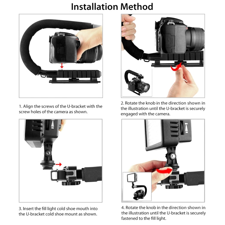 PULUZ U/C Shape Portable Handheld DV Bracket Stabilizer + LED Studio Light Kit with Cold Shoe Tripod Head for All SLR Cameras and Home DV Camera