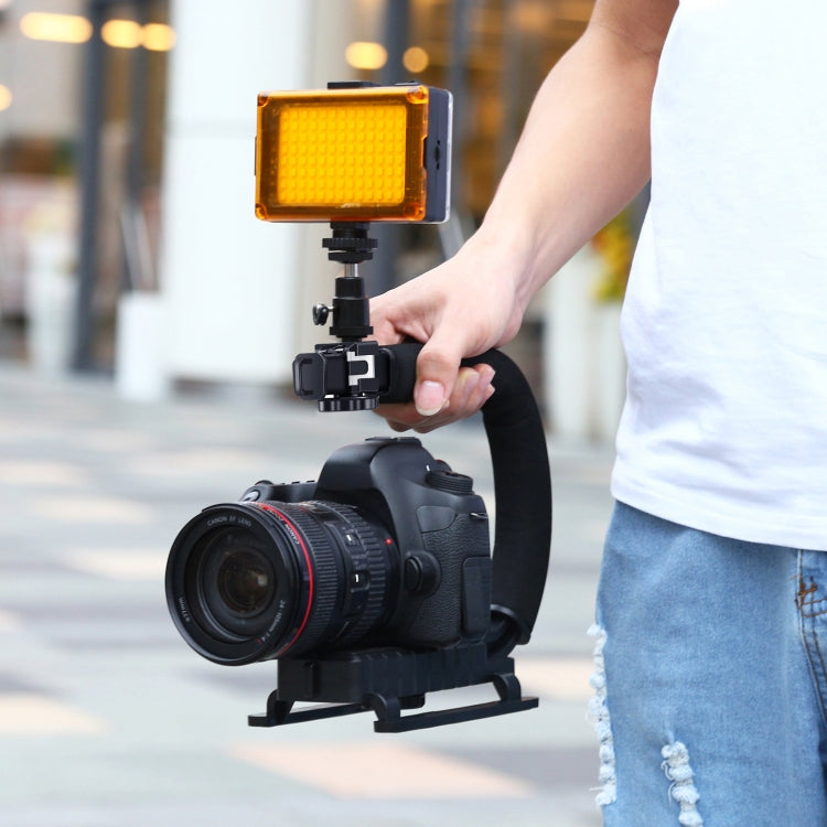 PULUZ U/C Shape Portable Handheld DV Bracket Stabilizer + LED Studio Light Kit with Cold Shoe Tripod Head for All SLR Cameras and Home DV Camera