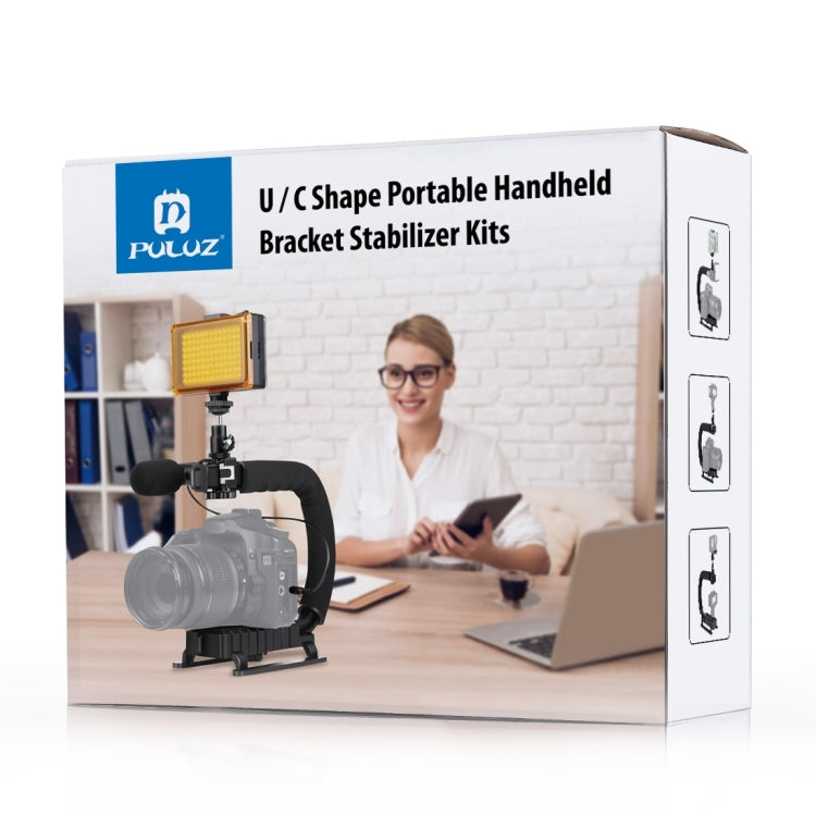 PULUZ U/C Shape Portable Handheld DV Bracket Stabilizer + LED Studio Light Kit with Cold Shoe Tripod Head for All SLR Cameras and Home DV Camera