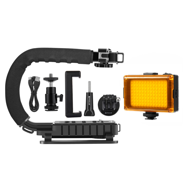 PULUZ U/C Shape Portable Handheld DV Bracket Stabilizer + LED Studio Light Kit with Cold Shoe Tripod Head for All SLR Cameras and Home DV Camera