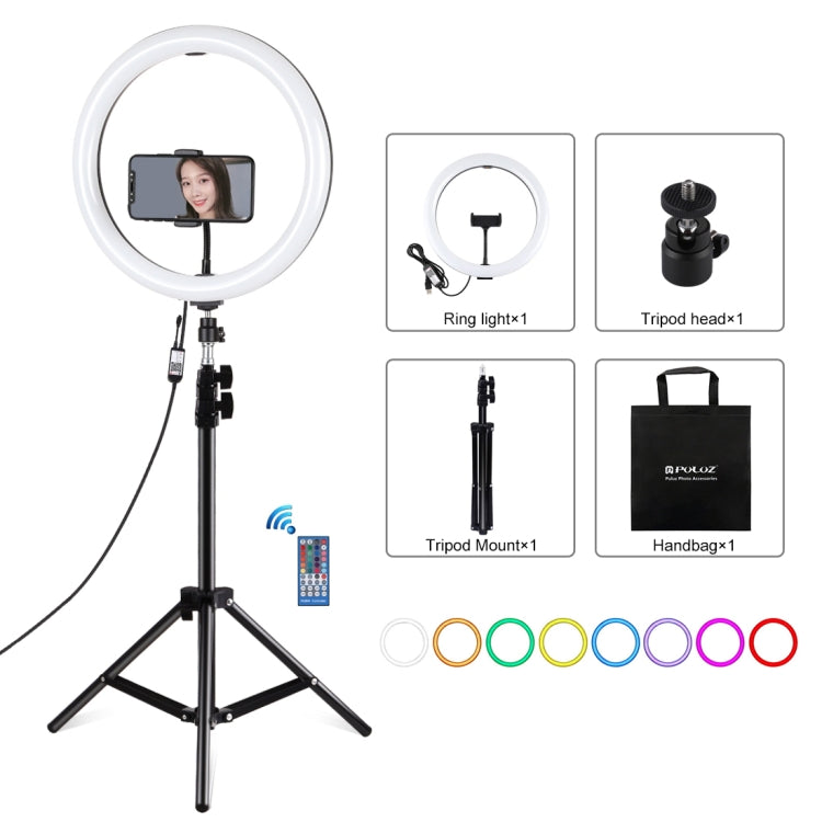 PULUZ 11.8 inch 30cm RGBW Light + 1.1m Tripod Mount Curved Surface Dimmable LED Dual Color Temperature LED Ring Selfie Vlogging Video Light Live Broadcast Kits with Cold Shoe Tripod Ball Head & Phone Clamp & Remote Control