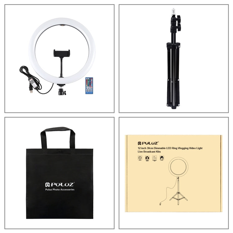 PULUZ 11.8 inch 30cm RGBW Light + 1.1m Tripod Mount Curved Surface Dimmable LED Dual Color Temperature LED Ring Selfie Vlogging Video Light Live Broadcast Kits with Cold Shoe Tripod Ball Head & Phone Clamp & Remote Control