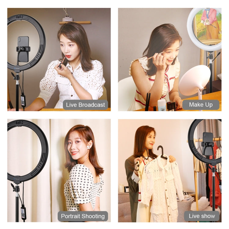 PULUZ 11.8 inch 30cm RGBW Light + 1.1m Tripod Mount Curved Surface Dimmable LED Dual Color Temperature LED Ring Selfie Vlogging Video Light Live Broadcast Kits with Cold Shoe Tripod Ball Head & Phone Clamp & Remote Control