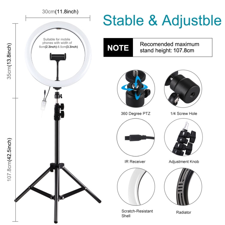 PULUZ 11.8 inch 30cm RGBW Light + 1.1m Tripod Mount Curved Surface Dimmable LED Dual Color Temperature LED Ring Selfie Vlogging Video Light Live Broadcast Kits with Cold Shoe Tripod Ball Head & Phone Clamp & Remote Control
