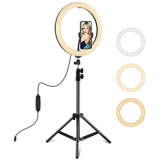 PULUZ 11.8 inch 30cm Light + 1.1m Tripod Mount Curved Surface Type-C 3 Modes Dimmable Dual Color Temperature LED Ring Vlogging Video Light  Live Broadcast Kits with Phone Clamp
