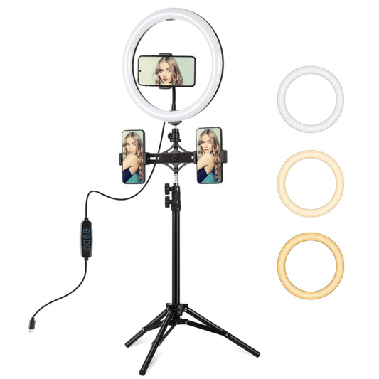 PULUZ 11.8 inch 30cm Light + 1.1m Tripod Mount + Dual Phone Brackets Curved Surface Type-C 3 Modes Dimmable Dual Color Temperature LED Ring Vlogging Video Light Live Broadcast Kits with Phone Clamp