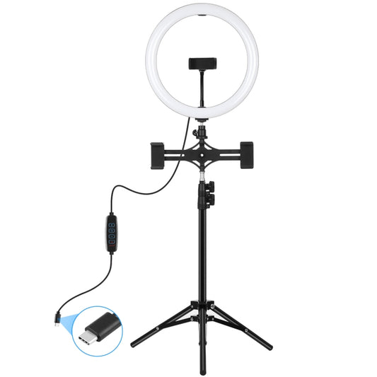PULUZ 11.8 inch 30cm Light + 1.1m Tripod Mount + Dual Phone Brackets Curved Surface Type-C 3 Modes Dimmable Dual Color Temperature LED Ring Vlogging Video Light Live Broadcast Kits with Phone Clamp