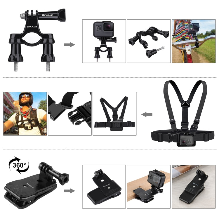 PULUZ 50 in 1 Accessories Total Ultimate Combo Kits with EVA Case (Chest Strap + Suction Cup Mount + 3-Way Pivot Arms + J-Hook Buckle + Wrist Strap + Helmet Strap + Extendable Monopod + Surface Mounts + Tripod Adapters + Storage Bag + Handlebar Mount) ...