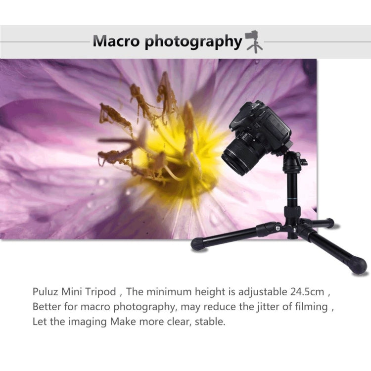 PULUZ Pocket Mini Microspur Photos Magnesium Alloy Tripod Mount with 360 Degree Ball Head for DSLR & Digital Camera, Adjustable Height: 24.5-57cm, Load Max: 3kg