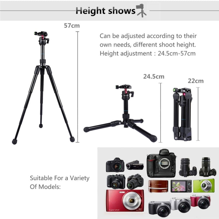 PULUZ Pocket Mini Microspur Photos Magnesium Alloy Tripod Mount with 360 Degree Ball Head for DSLR & Digital Camera, Adjustable Height: 24.5-57cm, Load Max: 3kg