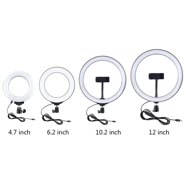 حامل سطح المكتب بقاعدة دائرية من بولوز + مصباح فيديو حلقي LED قابل للتعتيم بمنفذ USB مقاس 4.7 بوصة و12 سم، ارتفاع قابل للتعديل: 15.5 سم - 25.5 سم، حامل سطح المكتب + 4.7 بوصة