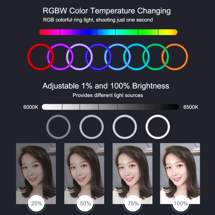 أضواء حلقة تصوير فيديو من بولوز مقاس 26 سم، مزودة بمنفذ USB RGBW LED قابلة للتعتيم، مع حامل ثلاثي القوائم ورأس كروي وجهاز تحكم عن بعد ومشبك هاتف، 10.2 بوصة RGBW / جهاز تحكم عن بعد