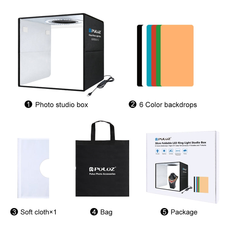 PULUZ 30cm Folding Ring Light Photo Lighting Studio Shooting Tent Box Kit with 6 Colors Black / White / Orange / Red / Green / Blue Backdrops