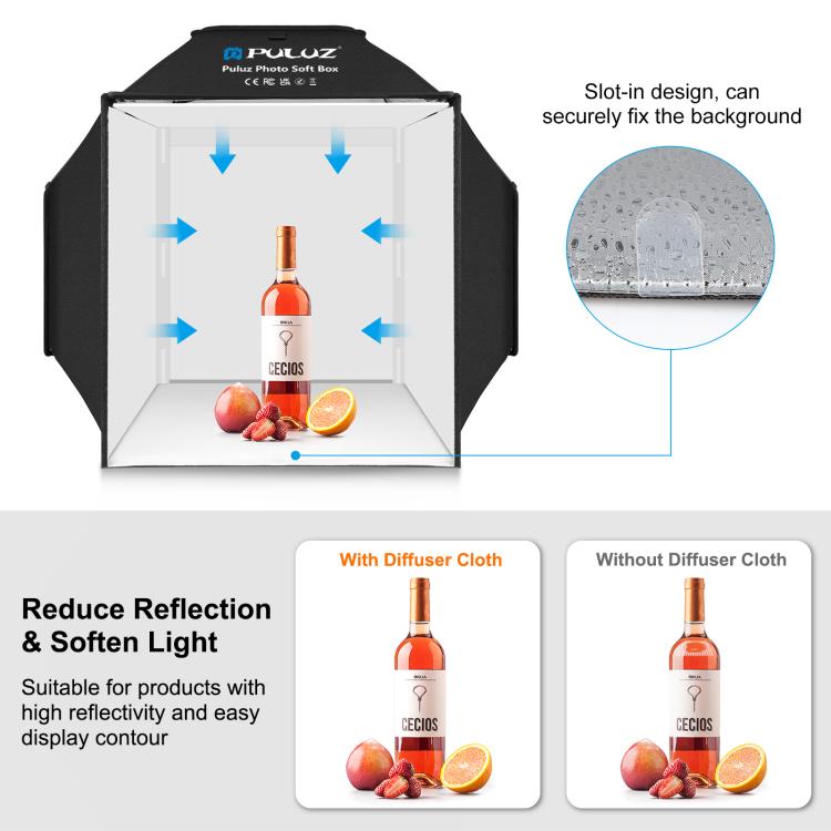 PULUZ 40cm Folding 72W 5500K Studio Shooting Tent Soft Box Photography Lighting Kit with 4 Colors (Black, Orange, White, Green) Backdrops