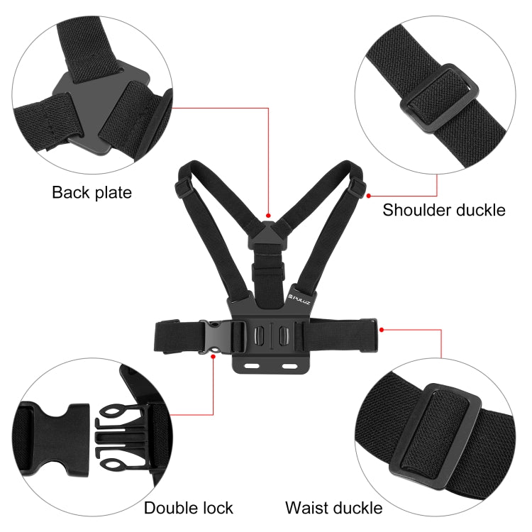 PULUZ 5 in 1 Adjustable Body Mount Belt Chest Strap with Phone Clamp & J Hook Mount & Long Screw Kit