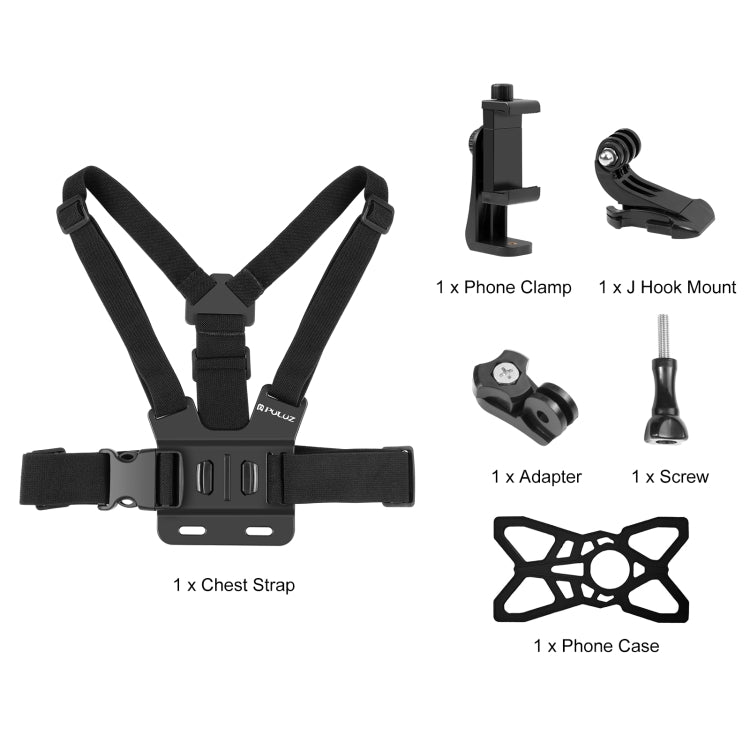 PULUZ 5 in 1 Adjustable Body Mount Belt Chest Strap with Phone Clamp & J Hook Mount & Long Screw Kit