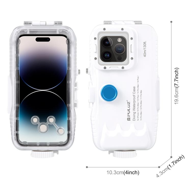PULUZ 40m/130ft Waterproof Diving Case for 15 Pro Max / 15 Plus / iPhone 14 Plus / 14 Pro Max / 13 Pro Max / 12 Pro Max / 11 Pro Max, with One-way Valve Photo Video Taking Underwater Housing Cover